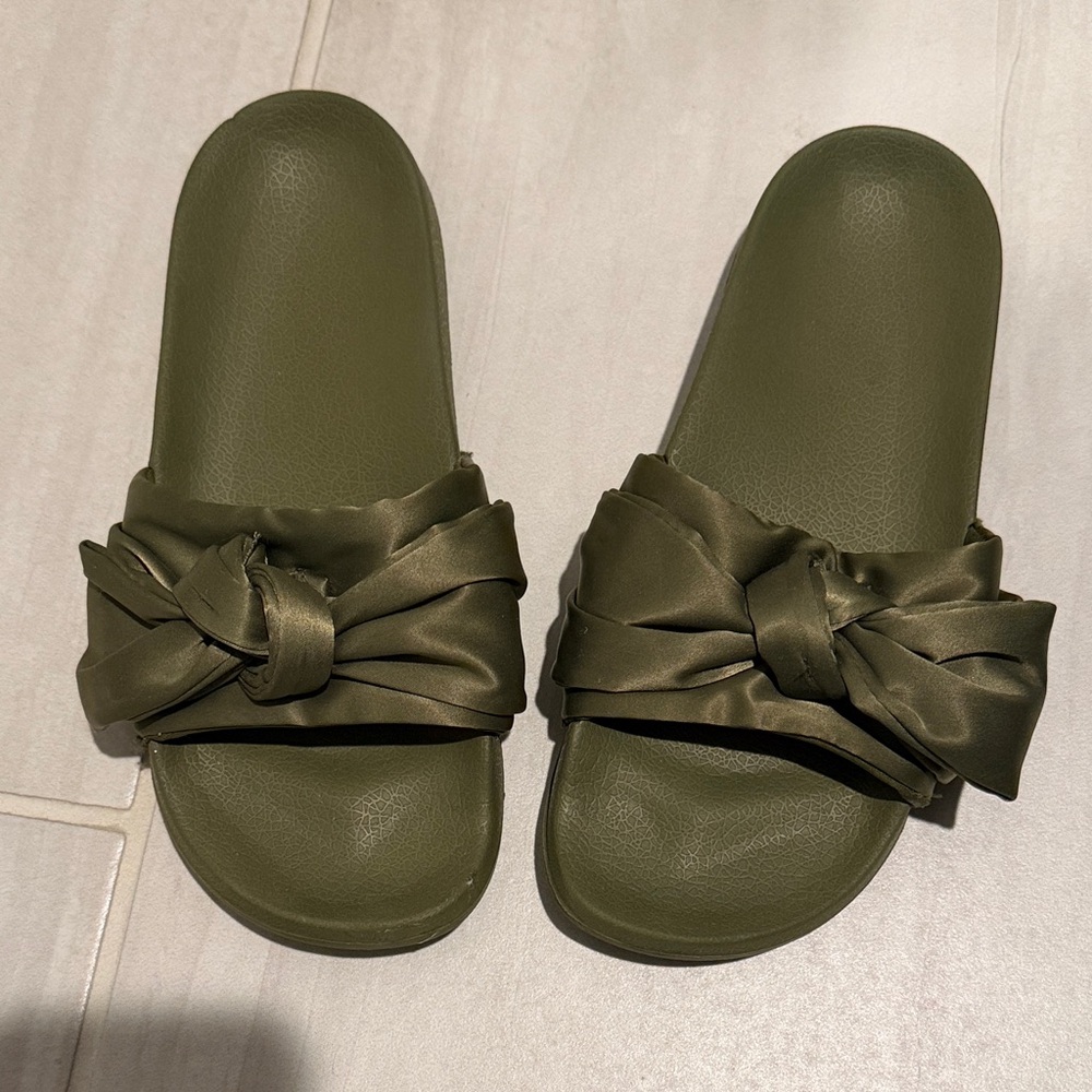 Olive Green Knotted Slide Sandals - Women